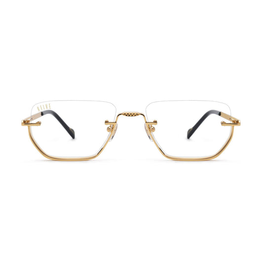 Gold-framed eyeglasses on a white background